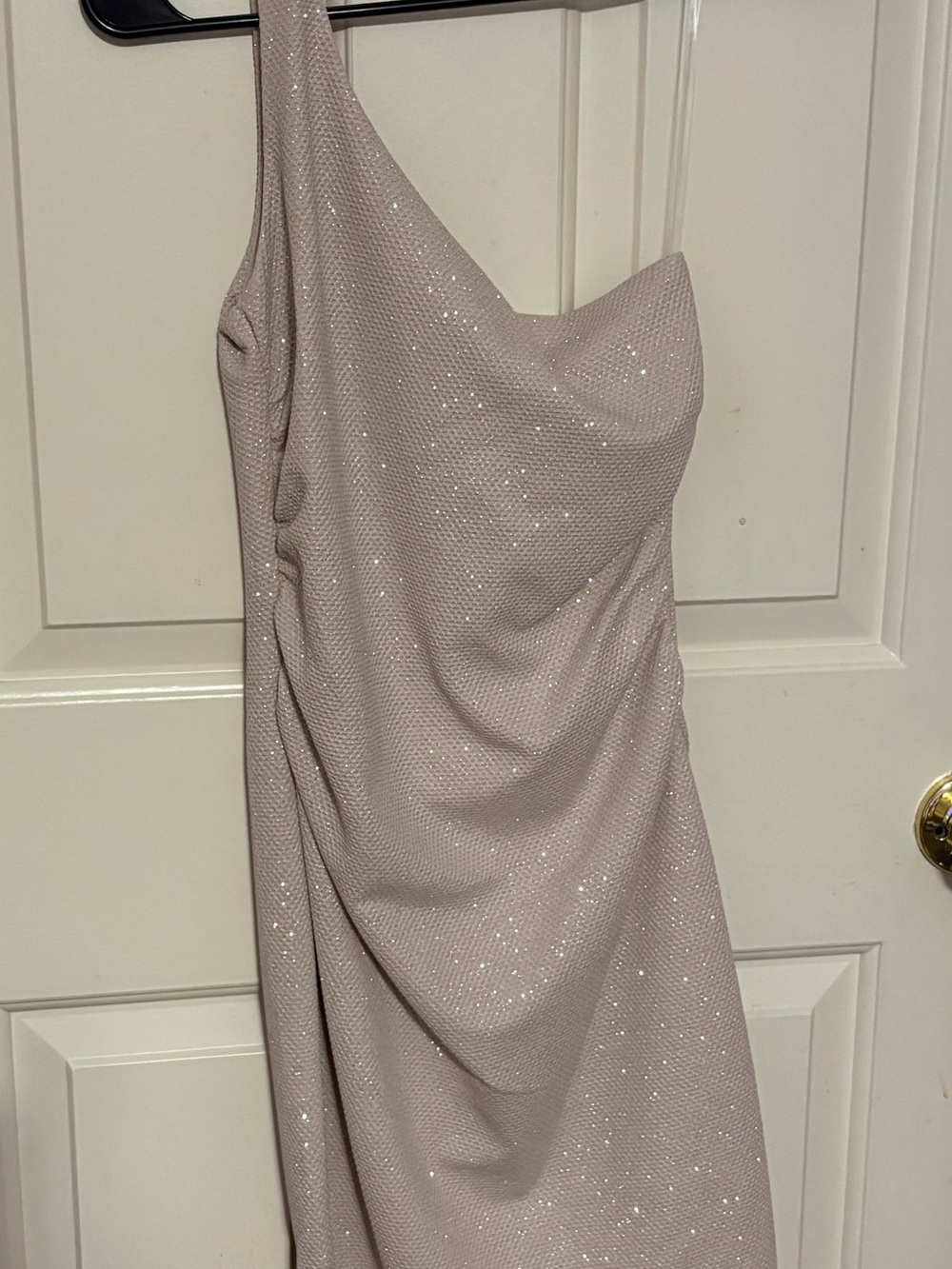 Emerald Sundae Beige Glitter Sparkly One Shoulder Ruched Bodycon Mini Dress